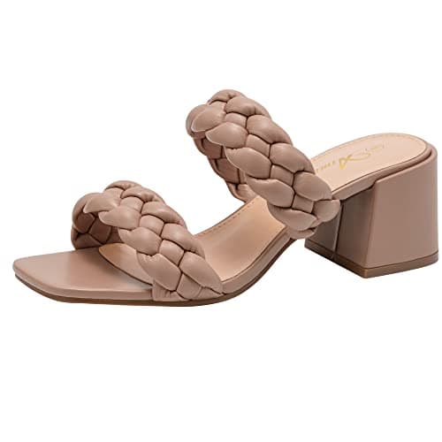 Athlefit Women's Braided Heeled Sandals Strappy Square Open Toe Heels Backless Mules Slip On Block Heels Nude Size 6 - Image 1