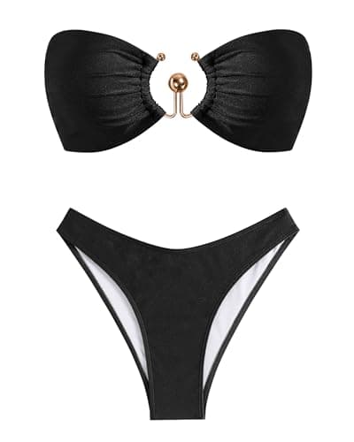 ZAFUL Women's Metal Ring Decor Bandeau Bikini Set Lace Up Back Strapless Bathing Suit 2 Piece Bikini Black XS - Image 1