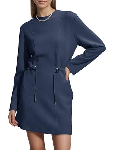 COCOMARTS Womens Long Sleeve Crewneck Sweatshirt Dress Drawstring Waistband Casual Tunic Tops Mini Dresses 2025 Fall Clothes Navy Blue Large - Image 1