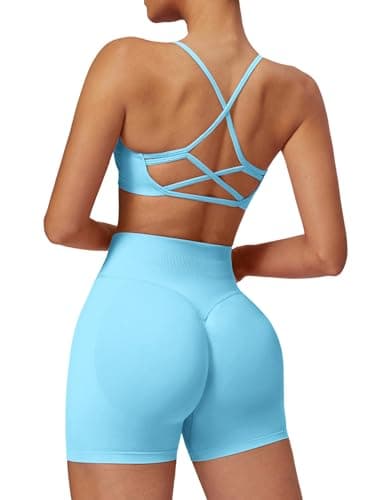Women Work Out 2 Piece Set Criss Cross Back Sports Bra High Waisted Biker Shorts Booty Yoga Lifting Gym Wear Light Blue S - Image 1
