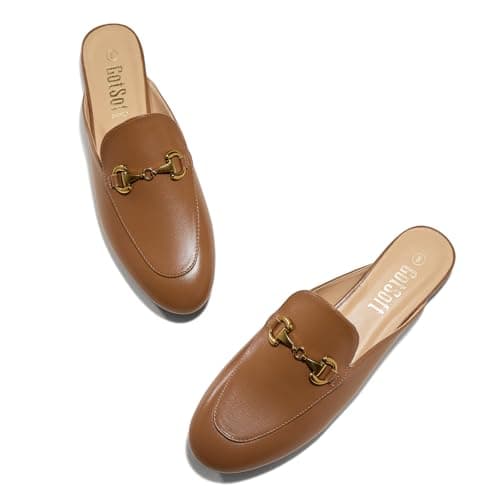GotSoft Lambskin Insole Womens Metal Buckle Mules Slip on Flats Closed Round Toe Dress Shoes, Khaki, Size 6.5 - Image 1