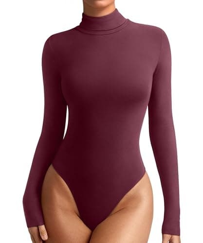 REORIA Womens Turtleneck Long Sleeve Tight Shirts Basic Tummy Control Bodysuit Thermal Underwear Tops Fall Clothes Cordovan Medium - Image 1