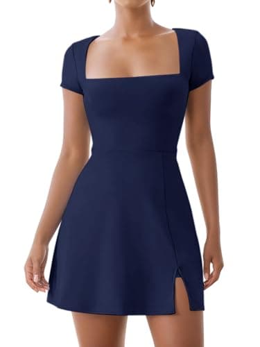 Dokuritu Tennis Dresses for Women 2024 Short Sleeve Square Neck A Line Dress Sexy Summer Active Sport Side Slit Golf Workout Dress with Short Navy Blue - Image 1