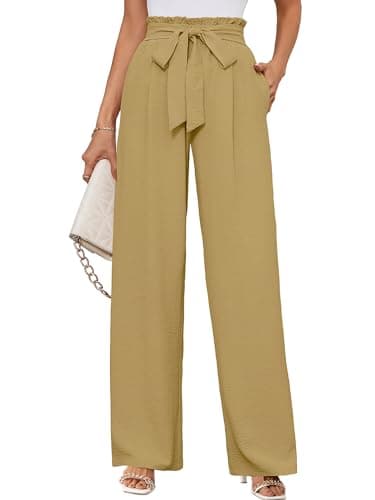 KORSIS Women's Lounge Pants Wide Leg Trousers Lightweight High Waisted Loose Casual Work Elastic Pants with Pockets Khaki Stripe - Image 1