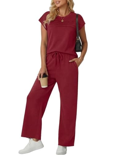 GRECERELLE Matching Sets for Women 2 Piece Summer Travel Outfit Cap Sleeve Top and Wide Leg Pants Set with Pockets Casual Lounge Vacation Airport Outfit - Image 1
