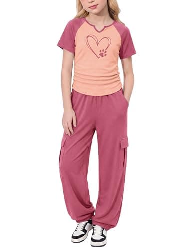 GEMLON Girls Summer Clothes 2-piece Short Sleeve Heart Print Tee and Cargo Pants with Pockets Cute Outfits for Girls 10-12 - Image 1