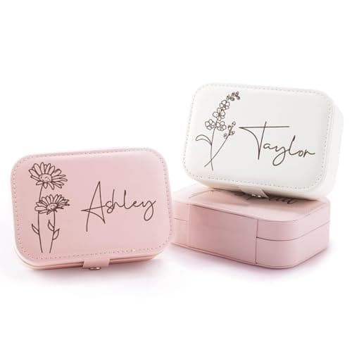 Corissy Personalized Jewelry Box for Women, Custom Travel Jewelry Case with Name and Birth Flower, Leather Jewelry Box for Rings, Earrings, Necklaces, Personalized Gifts for Women