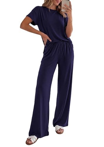 PRETTYGARDEN Women's 2026 Summer 2 Piece Matching Lounge Sets Short Sleeve Shirts Tops Wide Leg Pants Travel Airport Outfits (Navy Blue,X-Large) - Image 1