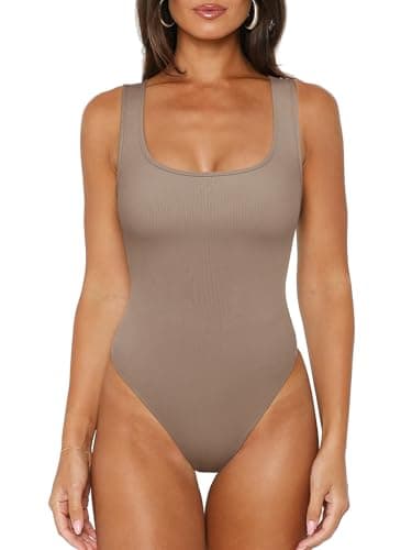 REORIA Tank Top Bodysuits for Women Ribbed Scoop Neck Sleeveless Slimming Basic Body Suit Tops Going Out Outfits 2026 Summer Khaki Medium - Image 1