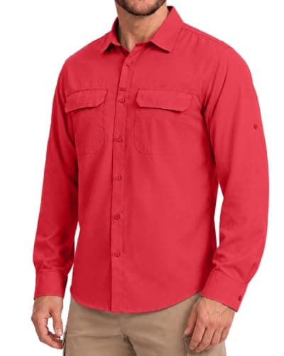Men's Sun Protection Fishing Shirt UPF 50+ Long Sleeve Safari Hiking Travel Shirts with Pockets Quick Dry(Red Small)