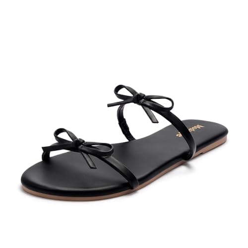 Modatope Black Flat Sandals for Women 2026 Strappy Bow PU Sandal Non-Slip Open Toe Slides Cute Casual Summer Sandals for Beach Party & Daily Wear Size 6 - Image 1