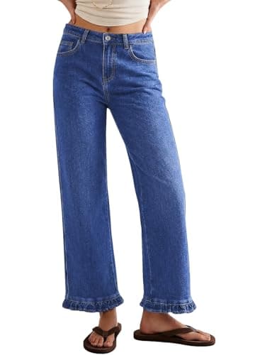 Sidefeel Womens Jeans Wide Leg High Rise Stretchy Jeans Ruffle Hem Straight Leg Denim Pants with Pockets Dark Blue Size 8 - Image 1