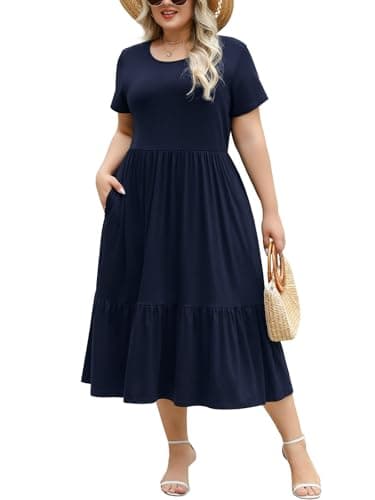 Younrui Navy Blue Plus Size Dresses for Curvy Women Short Sleeve Crewneck Loose Swing Midi Tiered Dress with Pockets(1XL-1033-Navy) - Image 1