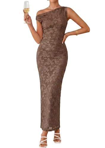 PRETTYGARDEN Womens Floral One Shoulder Maxi Dress 2026 Summer Spring Wedding Guest Formal Bodycon Ruched Cocktail Dresses (Brown,Small) - Image 1