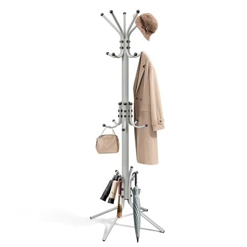 Outspurge Metal Coat Rack, Freestanding Coat Tree & Hall Tree with 15 Hooks, Sturdy Coat Rack Stand and Hat Rack, Coat Hanger for Entryway, Bedroom, Office for Jackets, Hats, Bags, Grey - Image 1