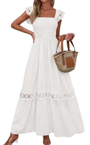 PRETTYGARDEN Women's Smocked Summer Maxi Dresses 2026 Ruffle Cap Sleeve Square Neck Lace Detail Flowy Sundress with Pockets (White, XX-Large) - Image 1