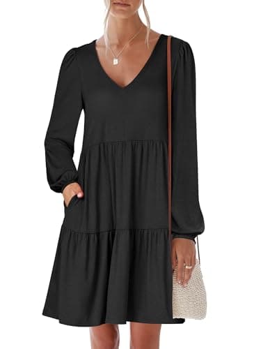 ANRABESS Womens Long Sleeve Dress 2026 Fall Casual V Neck Tiered Flowy Short Dresses Beach Travel Vacation Clothes Black XX-Large - Image 1