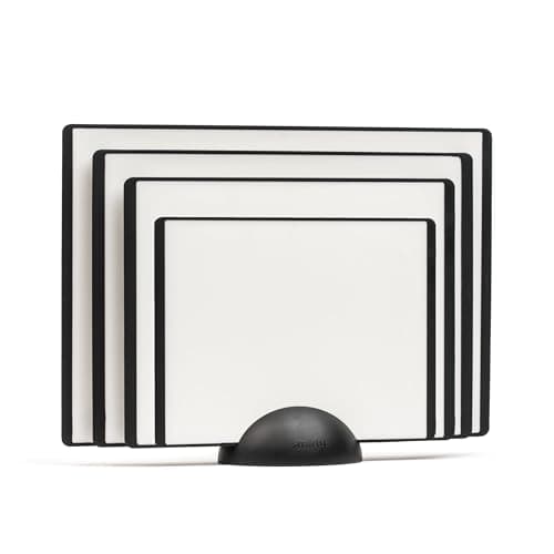 SMIRLY Plastic Cutting Board Set with Holder 4 Pieces, Non-Slip Dishwasher Safe Chopping Boards for Kitchen, Black & White