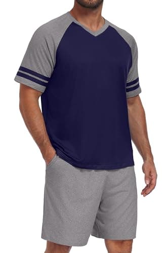 PrinStory Mens Pajamas Set Short Sleeve Lightweight and Soft Pajama Sets Summer Pjs Sets with Pockets Navy Blue Dark Gray-S - Image 1