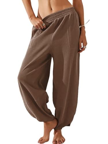 EGUGYDW Womens Baggy Wide Leg Pants Elastic High Waisted Palazzo Harem Trousers With Pockets Coffee XL - Image 1
