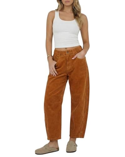 OctMoon Women’s Corduroy Barrel Pants Mid-Rise Elastic Waist Corduroy Pants Wide Leg Trousers Casual Wide Leg Baggy Trouser with Pockets(Caramel)-S - Image 1