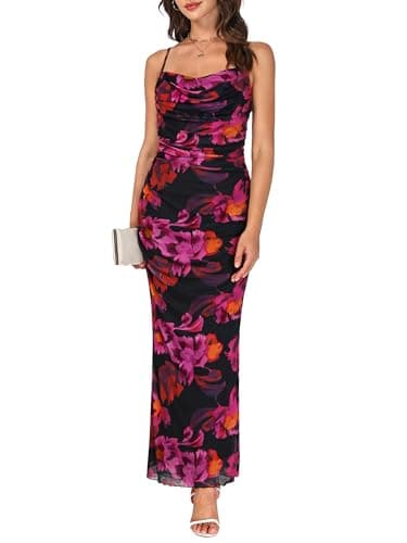 COCCKO Women's Floral Mesh Midi Dress, Spring 2026 Spaghetti Strap Ruched Bodycon Sundress for Wedding Guest & Tea Party Rose Red - Image 1