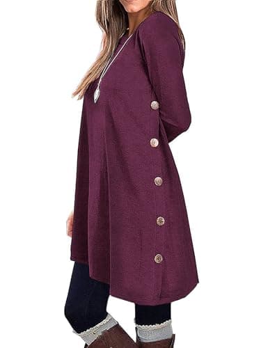 KORSIS Dresses for Women Long Sleeve Crew Neck Casual Mauve Small Dress Button Loose Fitting Sweater Fall Winer Tunic Dress (S-2XL) - Image 1