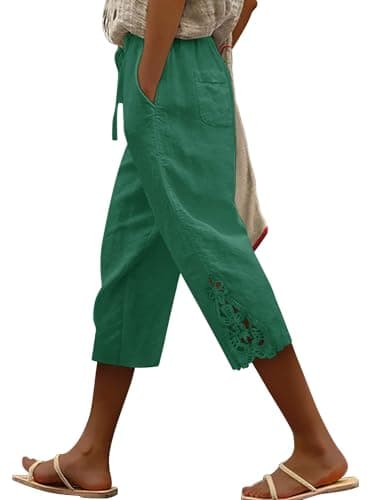 ONLYSHE Womens Capri Pants High Waisted Wide Leg Lounge Pants Drawstring Palazzo Trousers with Pockets X-Large Green XL - Image 1