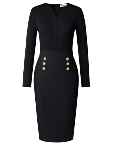 GRACE KARIN Women's 2026 Fall Henly V Neck Business Work Dress Long Sleeve Bodycon Midi Elegant Office Sheath Dress Black Large - Image 1