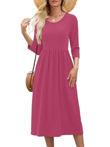 Heymoments Midi Dress for Women Mauve X-Large Wedding Guest A line Crewneck 3/4 Sleeves Casual Flowy Swing Cocktail Slimming Birthday Party Spring Fall Winter Travel Long Midi Dresses - Image 1