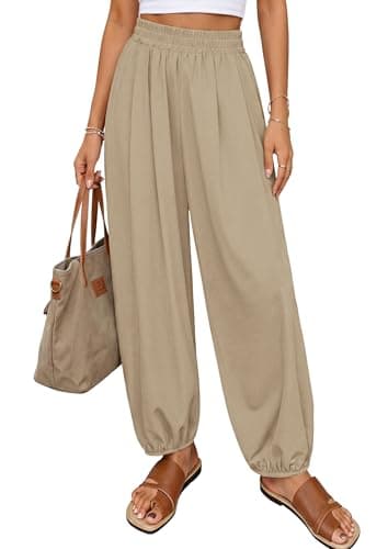 PRETTYGARDEN Womens 2026 Summer Casual Pants High Waisted Loose Wide Leg Palazzo Pockets Lounge Beach Travel Trousers Outfits (Light Khaki,Medium) - Image 1