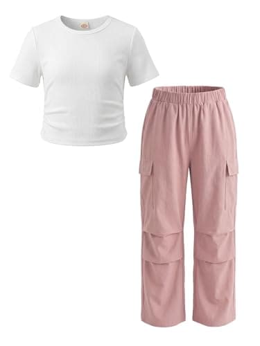 JiAmy 2PCS Outfits for Girls T-Shirt Top & Cargo Pants with Pockets Casual School Travel Clothes Tween Teen Girls 13-14Y - Image 1