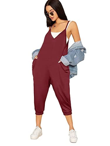 STOLKISS Women’s Spaghetti Strap Jumpsuits Summer Casual Sleeveless V Neck Thin Shoulder Strap Adjustable Jumpsuit Pant with Pockets (Y017 Wine Red, Small) - Image 1