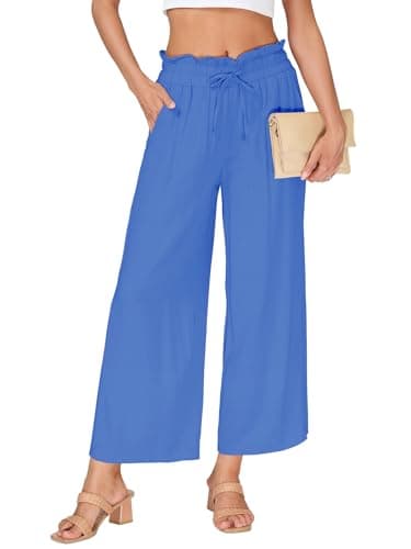 VUTRU Women Casual Pants Wide Leg Summer High Waisted Elastic Loose Fitting Travel Lounge Linen Trousers Spring Outfits, Purple Blue XXL - Image 1