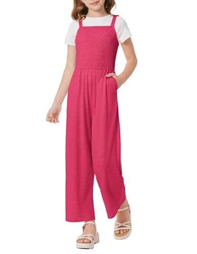 GRACE KARIN Girls Hot Pink Jumpsuit Size 14 Girl Summer Romper Pants Kids Long Spring Rompers with Pockets