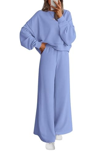 PRETTYGARDEN Women 2 Piece Outfits 2026 Fall Sweatsuits Crewneck Sweatshirt Wide Leg Sweatpants Lounge Sets Tracksuit(Light Blue,Large) - Image 1
