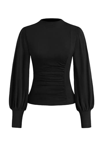 KIRUNDO Blouses for Women Dressy Casual 2026 Fall Ruched Puff Long Sleeve Shirts Mock Neck Underscrub Fitted Trendy Tops (Black, X-Small) - Image 1