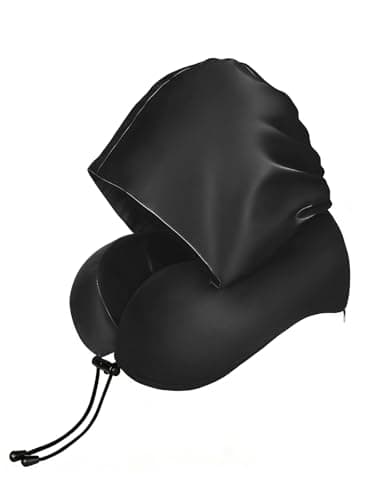 BAIKEA Satin Neck Pillow with Hood Pixie Pillows for Short Hair Sleep Travel Airplane Memory Foam Long Flight Plane Essentials Black - Image 1