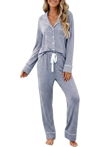 Samring Women's Knit Pajama Sets, 2 Pieces Classic Soft Viscose Cotton Pjs Sets Long Sleeve Button Down Sleepwear Blue S - Image 1