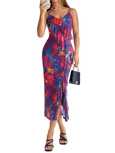 Simplee Women Floral Ruffle Bodycon Maxi Dress 2026 Summer Spaghetti Strap V Neck Mesh Slit Wedding Guest Beach Party Dresses Navy Red Big Floral M - Image 1