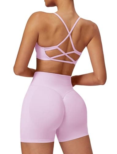 Women's Seamless Workout Set 2 Piece Criss Cross Sports Bra High Waisted Booty Lifting Shorts Yoga Pilates Outfits Pink L - Image 1