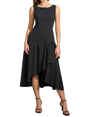 Women's 2026 Casual Summer Black Boat Neck Sleeveless Ruffle Flowy Asymmetrical Irregular Hem Cotton Nylon Back Elastic Waist Zipper Ladies Elegant Vocation Beach Wedding Dating Party Midi Dresses - Image 1