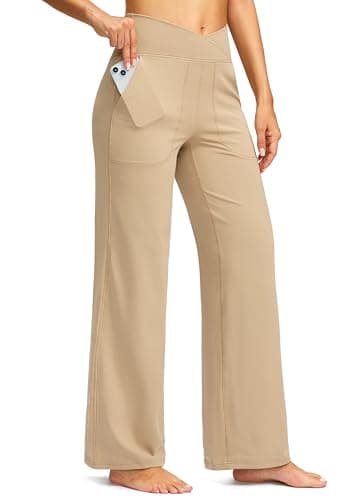 Soothfeel Wide Leg Pants Woman Yoga Pants with Pockets Crosscover High Waist Stretch Work Lounge Casual Dress Sweatpants Khaki - Image 1