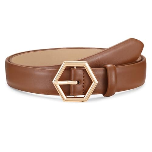 WHIPPY Skinny Leather Belt for Women Casual Waist Belt for Jeans Pants Fashion Ladies Thin Belt with Gold Buckle, Brown, S - Image 1