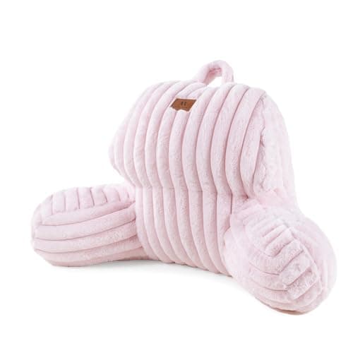 Amélie Home Faux Fur Reading Pillow with Pocket for Sitting in Bed, Kids Backrest Bed Pillow with Washable Cover for Lounging, Watching TV/Gaming/Resting/Post/Surgery/Nursing, Light Pink 17 inches - Image 1