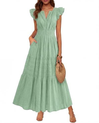 BTFBM Womens Summer Maxi Dress 2026 Spring Boho Vacation Ruffle Flutter Short Sleeve A Line Tiered Flowy Dresses Pockets(Sage Green, Small) - Image 1