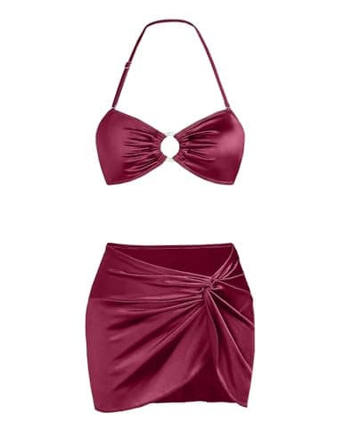 seamoly 3 Piece Bikini Sets for Women Shiny Swimsuits Bathing Suits Halter Bikinis Ruched Cover Ups Knot Sarong Skirt Wine Red M - Image 1