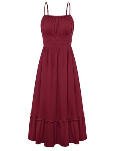 GRACE KARIN Women's Summer Maxi Dress 2026,Smocked Ruched Bust Sundress with Adjustable Straps & Pockets Burgundy XL - Image 1