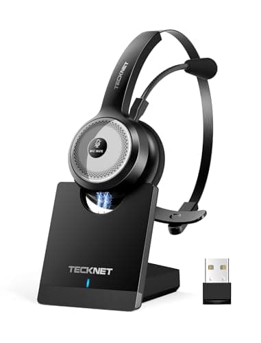 TECKNET Wireless Headset for Work, 40Hrs Worktime AI Noise Cancelling Computer Headphones with Charging Base, Bluetooth Headset with Mic & USB Dongle for PC/Laptop/Call Center - Image 1