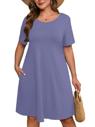 AusLook Plus Size Midi Dress for Women Casual Summer Short Sleeve A Line Swing Purple Grey 1X Dress with Pockets Round Neck Flowy Knee Length T Shirt Vacation Beach Sundress - Image 1
